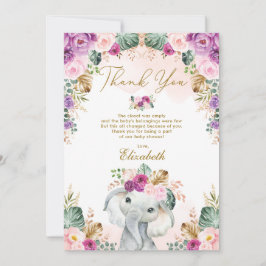 Boho Elephant Blush Pink Paars Floral Baby shower Bedankkaart