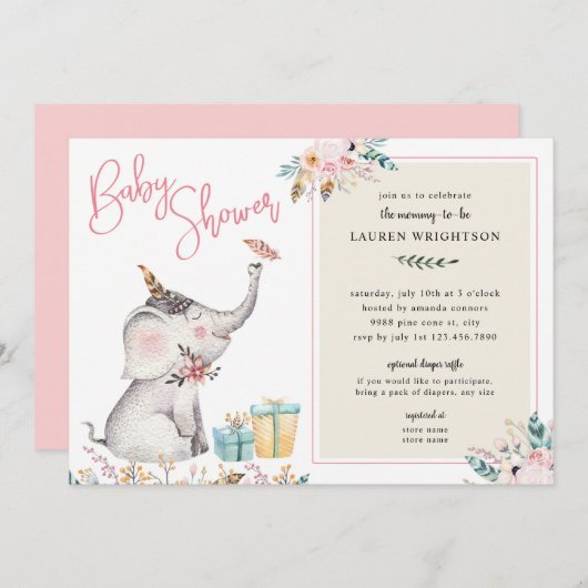 Boho Elephant Girl Baby shower Kaart (Voorkant / Achterkant)