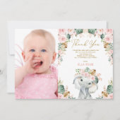  Boho Elephant Girl Pink Floral Birthday Bedankkaart (Voorkant)