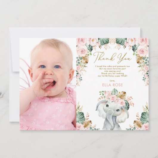  Boho Elephant Girl Pink Floral Birthday Bedankkaart (Voorkant)