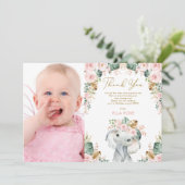  Boho Elephant Girl Pink Floral Birthday Bedankkaart (Staand voorkant)