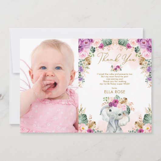 Boho Elephant Girl Pink Paars Floral Birthday Bedankkaart (Voorkant)
