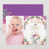 Boho Elephant Girl Pink Paars Floral Birthday Bedankkaart (Voorkant / Achterkant)