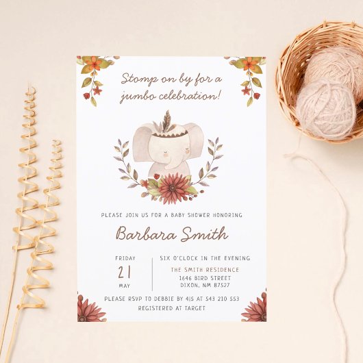 Boho Elephant Handgeschreven Baby shower Kaart