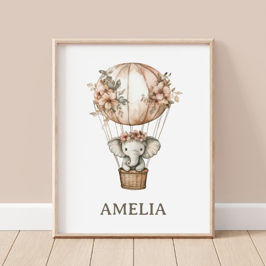 Boho Elephant Hot Air Ballon Nursery Wall Poster