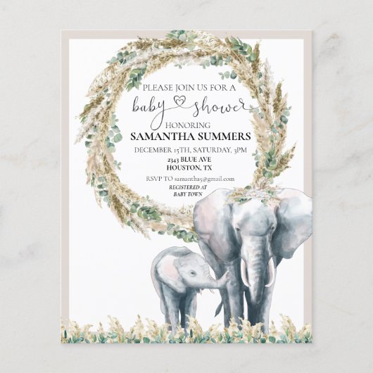 Boho Elephant Moeder Pampas Grass Baby shower (Voorkant)