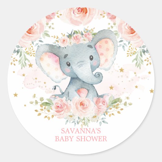 Boho Elephant Pink Floral Baby Girl Ronde Sticker (Voorkant)