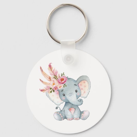 Boho Elephant Pink Floral Sleutelhanger Birthday F (Voorkant)