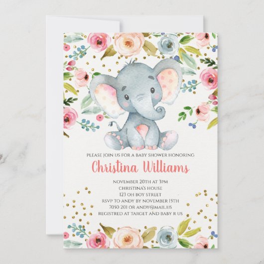 Boho Elephant Pink Girl Baby shower Waterverf Kaart (Voorkant)