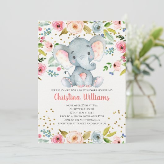 Boho Elephant Pink Girl Baby shower Waterverf Kaart (Staand voorkant)