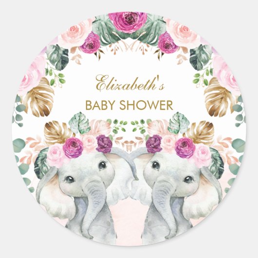Boho Elephant Twins Tropical Blush Paars Floral Ronde Sticker (Voorkant)