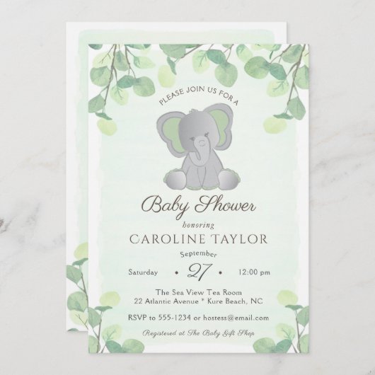 Boho Elephant Waterverf Greenery Baby shower Kaart (Voorkant / Achterkant)