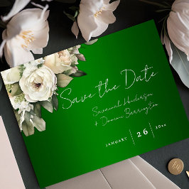 Boho Emerald Green met witte rozen Save the Date Aankondigingskaart