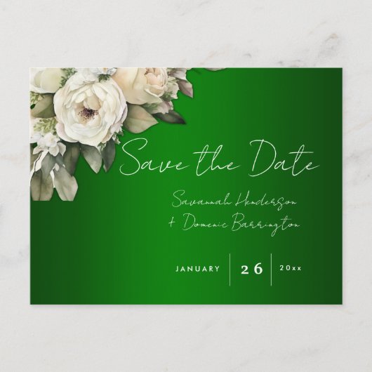 Boho Emerald Green met witte rozen Save the Date Aankondigingskaart (Voorkant)
