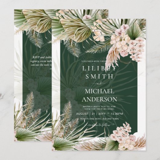 BOHO Emerald Green Pampas Grass Peach Wedding (Voorkant / Achterkant)