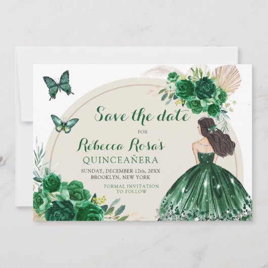 Boho Emerald Green Quinceañera Save The Date Kaart (Voorkant)