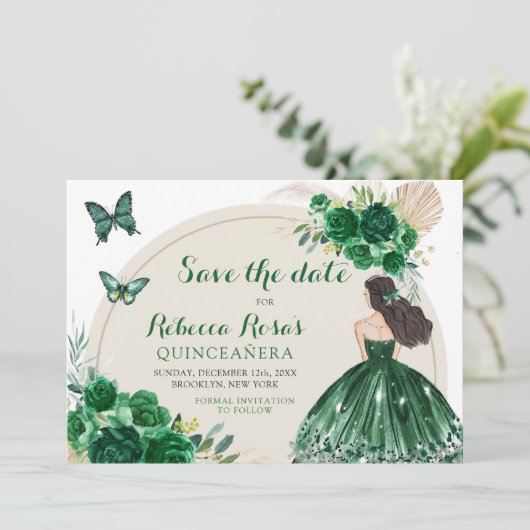Boho Emerald Green Quinceañera Save The Date Kaart (Staand voorkant)