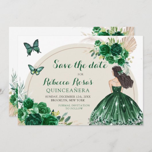 Boho Emerald Green Quinceañera Save The Date Kaart (Voorkant / Achterkant)
