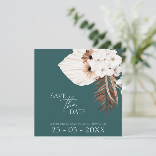 Boho Emerald Green White Pampas Grass Wedding Save The Date (Staand voorkant)