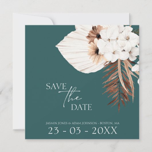Boho Emerald Green White Pampas Grass Wedding Save The Date (Voorkant)