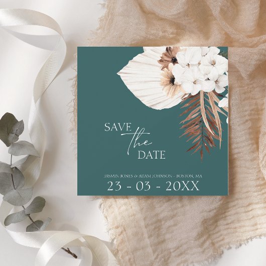 Boho Emerald Green White Pampas Grass Wedding Save The Date