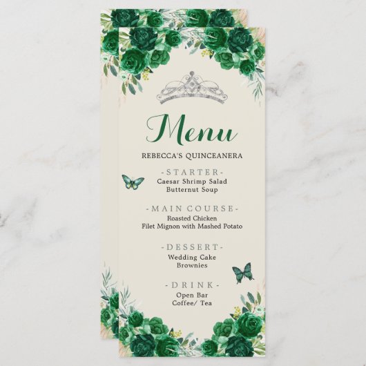 Boho Emerald Groen Bloemen Quinceañera Menu (Voorkant / Achterkant)