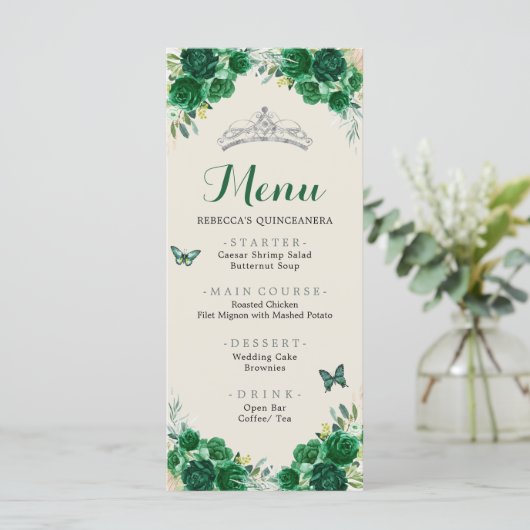Boho Emerald Groen Bloemen Quinceañera Menu (Staand voorkant)