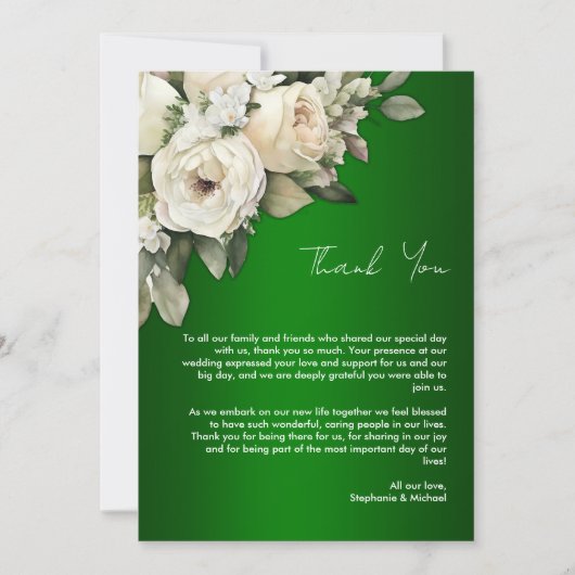 Boho Emerald Groen en  Wit Rozen Bruiloft Bedankkaart (Voorkant)