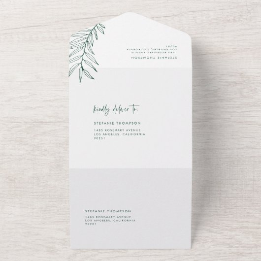 Boho Emerald Groen Minimalistisch gebladerte bruil All In One Uitnodiging (Buitenkant)