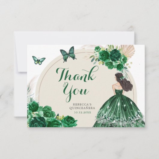 Boho Emerald Groen Prinses Quinceañera Bedankkaart (Voorkant)