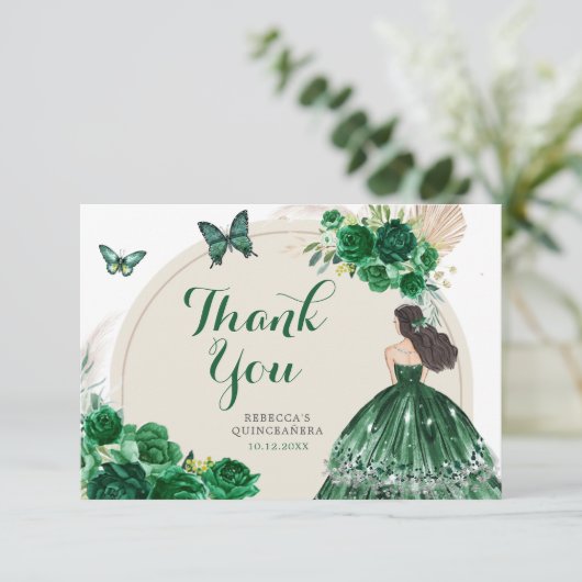 Boho Emerald Groen Prinses Quinceañera Bedankkaart (Staand voorkant)