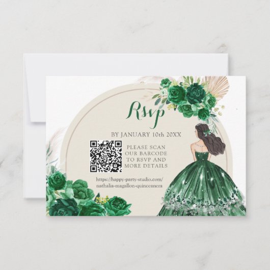 Boho Emerald Groen Prinses Quinceañera QR RSVP Kaartje (Voorkant)