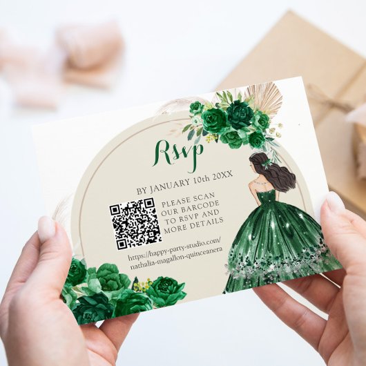Boho Emerald Groen Prinses Quinceañera QR RSVP Kaartje