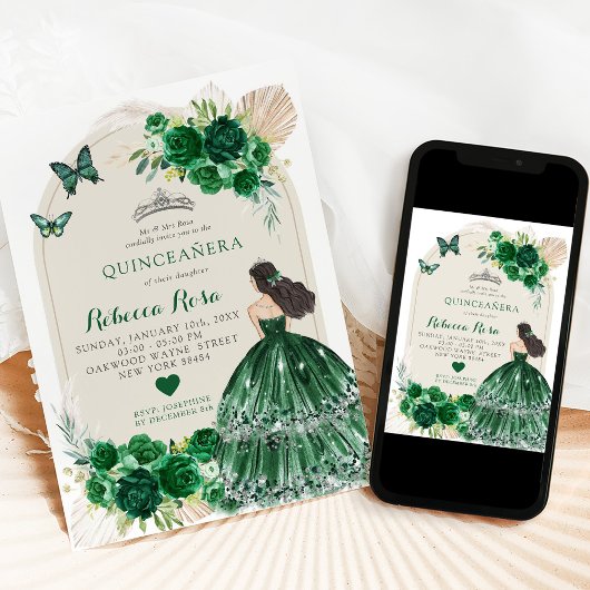 Boho Emerald Groene Rozen Princesa Quinceañera Kaart
