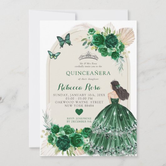Boho Emerald Groene Rozen Princesa Quinceañera Kaart (Voorkant)