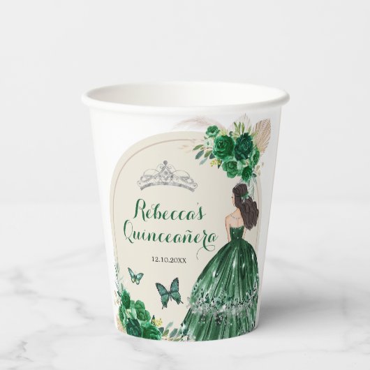 Boho Emerald Groene Rozen Prinses Quinceañera Papieren Bekers (Achterkant)