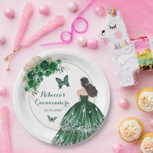 Boho Emerald Groene Rozen Prinses Quinceañera Papieren Bordje (Feest)