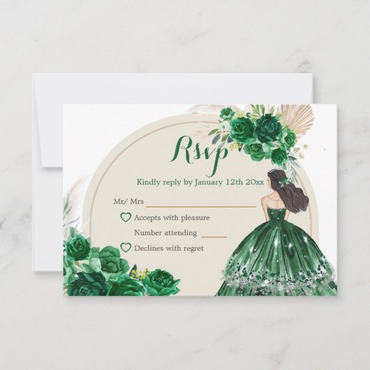 Boho Emerald Groene Rozen Prinses Quinceañera RSVP Kaartje (Voorkant)