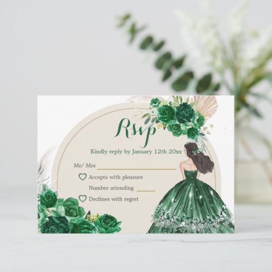 Boho Emerald Groene Rozen Prinses Quinceañera RSVP Kaartje (Staand voorkant)
