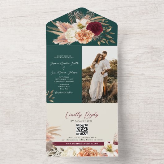 Boho Emerald QR Code Wedding All In One Uitnodiging (Binnen)