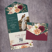 Boho Emerald QR Code Wedding All In One Uitnodiging