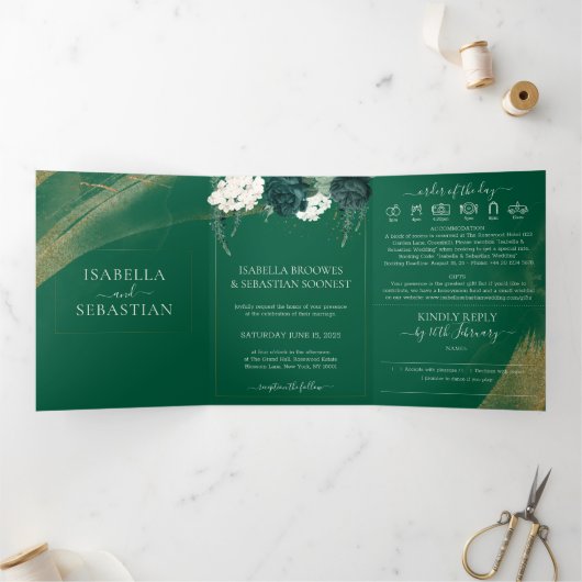 Boho Emerald Rose Complete Trouwkaart Tri-Fold Uit Drieluik Uitnodiging (Binnen)
