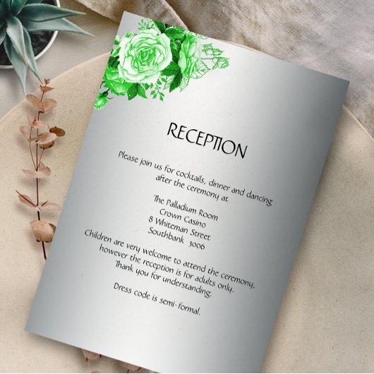 Boho Emerald Rozen Silver Wedding Reception Informatiekaartje