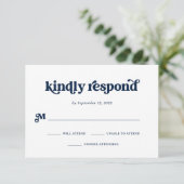 Boho en Retro Dark Navy Blue en White RSVP Kaartje (Staand voorkant)