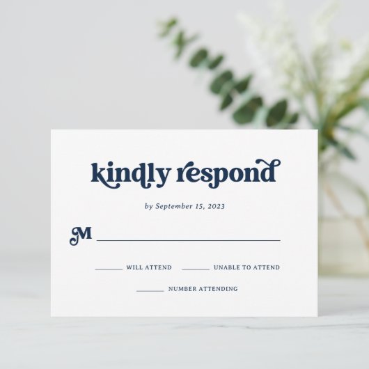 Boho en Retro Dark Navy Blue en White RSVP Kaartje (Staand voorkant)