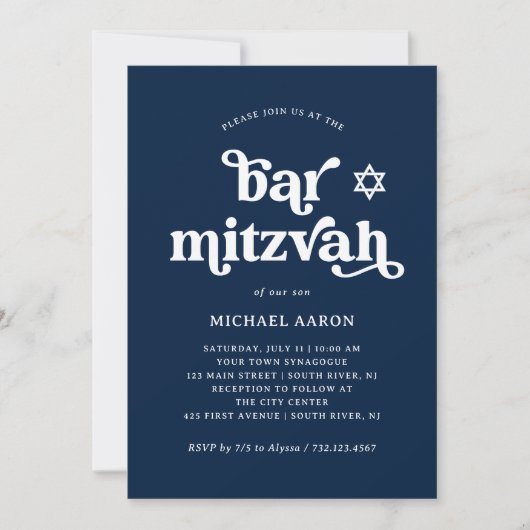 Boho en Retro Donker Navyblauw | Bar Mitzvah Kaart (Voorkant)