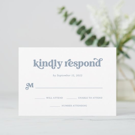 Boho en Retro Dusty Blue en White RSVP Kaartje (Staand voorkant)