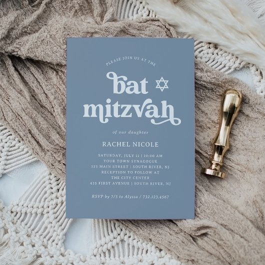 Boho en Retro Stofblauw | Bat Mitzvah Kaart