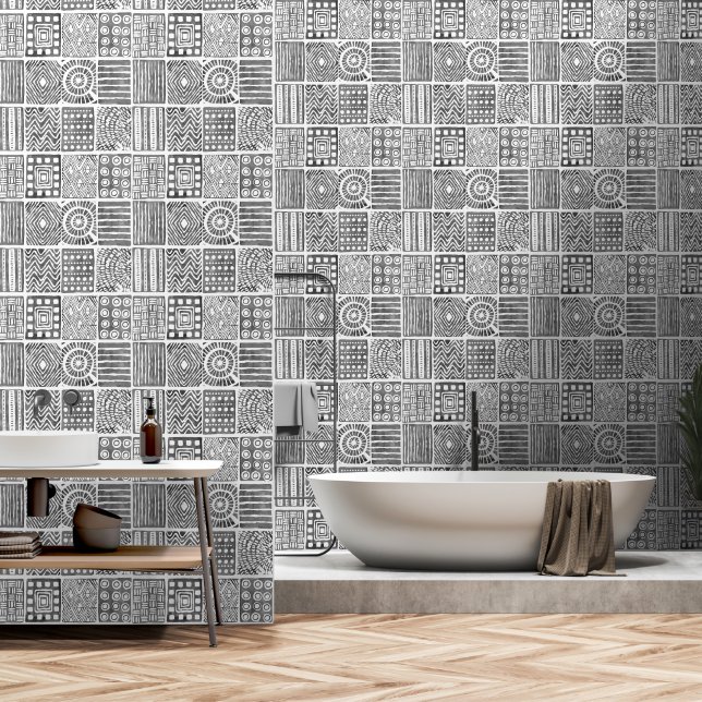 Boho Etnisch Behang – Zwart & Wit Wall Decor (Badkamer)