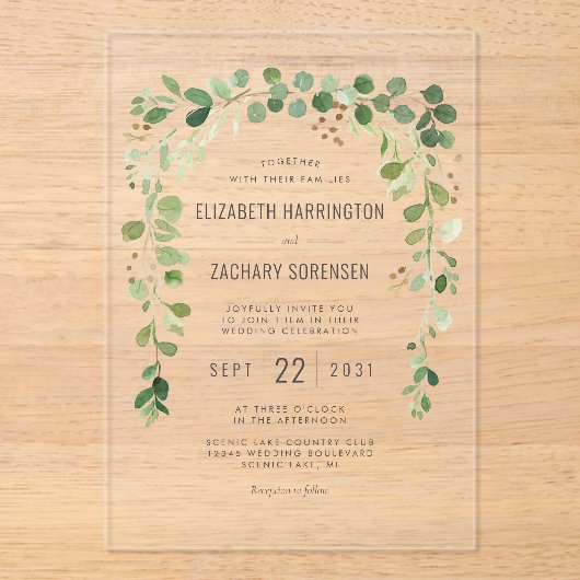 Boho Eucalyptus Arch Wedding Acryl Uitnodigingen (Voorkant)